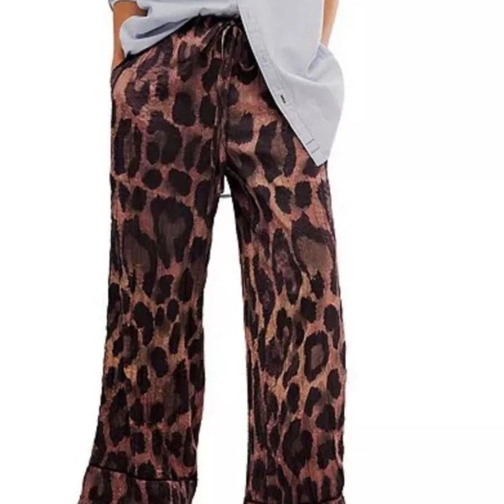 Free People Chic Satin Leopard Print wide Pants sz L
